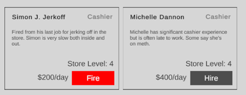 Game screenshot UI cards to hire and fire employees